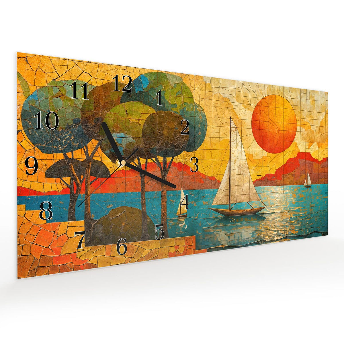 Vormontiert – mit Schwebeeffekt – Wanduhr Segelboot im Sonnenuntergang aus Glas – Querformat 60 × 30 cm