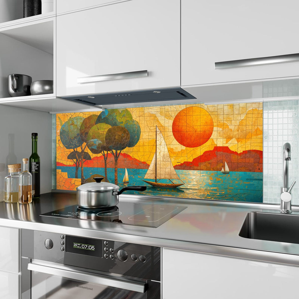 Küchenrückwand aus Glas Segelboote im Mosaik im Hochformat als Spritzschutz hinter dem Kochfeld, über dem Fliesenspiegel montiert
