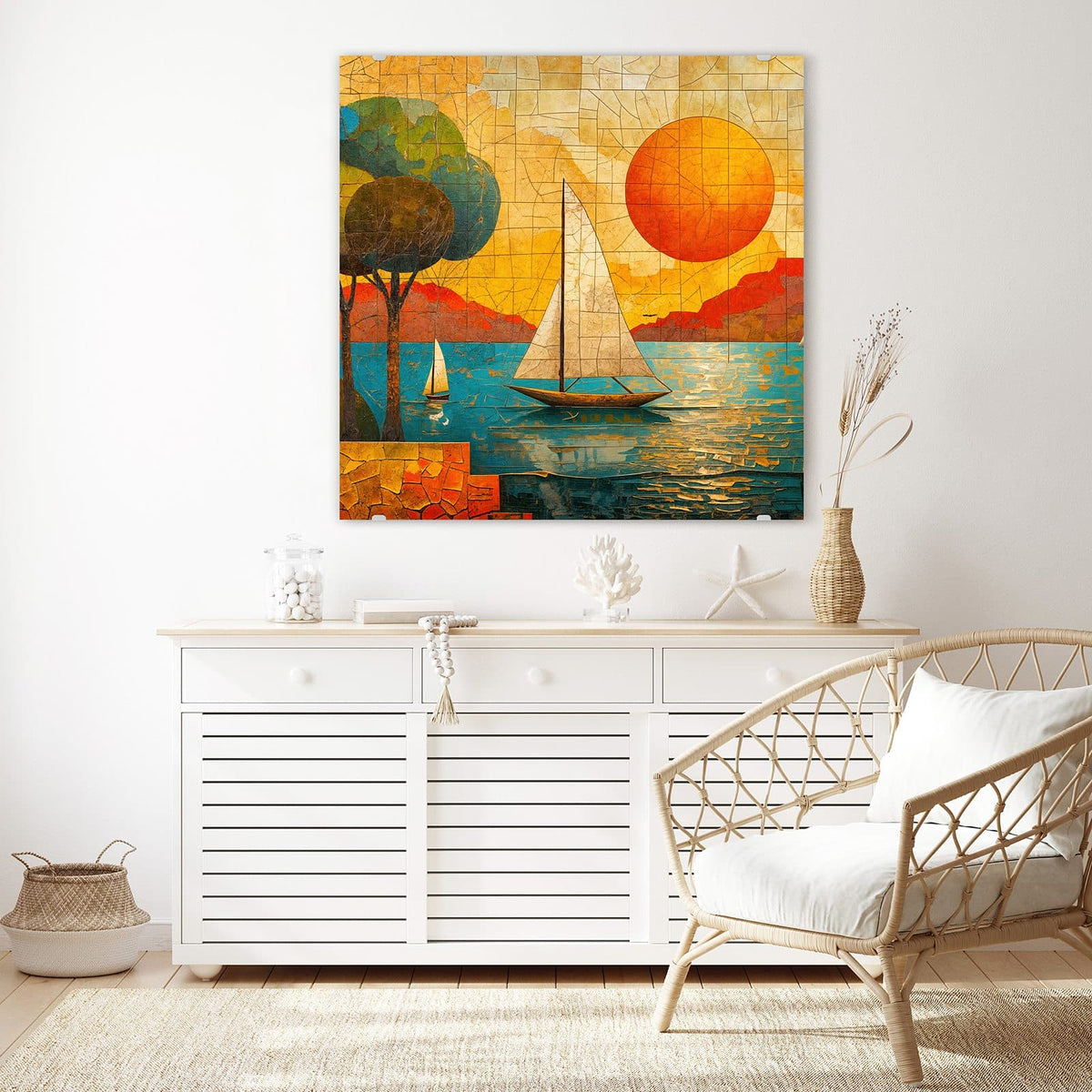 Echtglas, 4 mm – kein Acryl, keine Folie – Wandbild - Segelboote im Mosaik - Quadratisch
