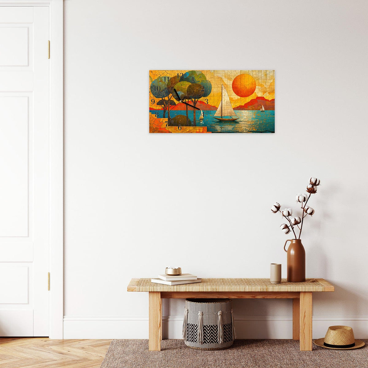 Moderne Wanduhr aus Glas mit Farbtiefe – Wanduhr Segelboot im Sonnenuntergang aus Glas – Querformat 60 × 30 cm