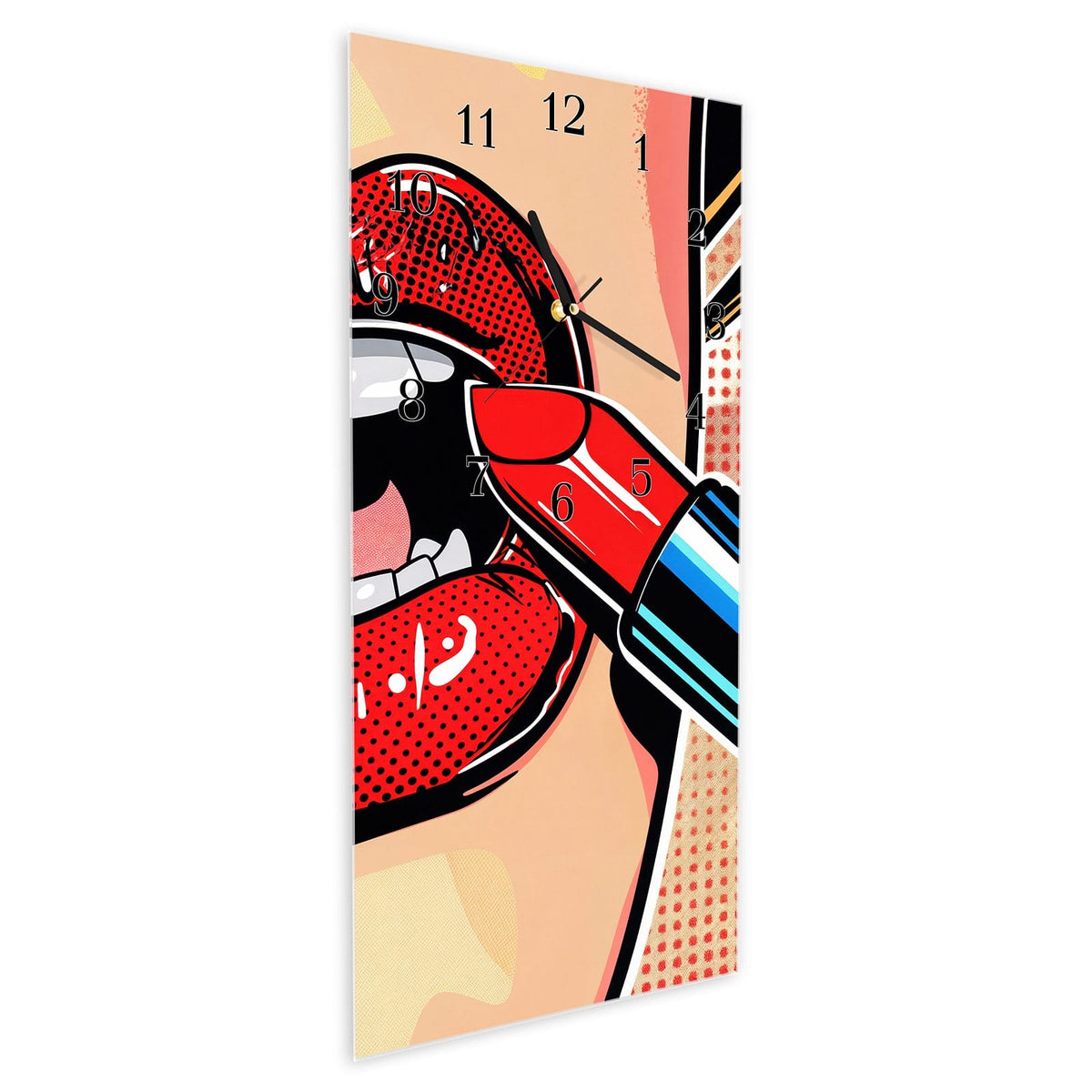 Vormontiert – mit Schwebeeffekt – Wanduhr Lippenstift Kunst aus Glas – Hochformat 30 × 60 cm