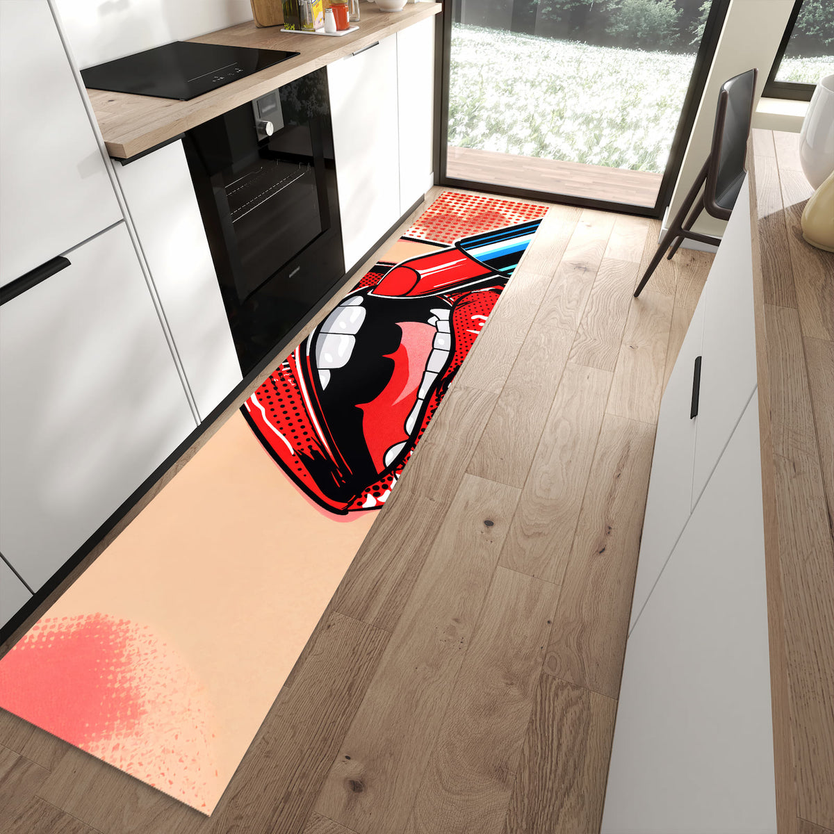 Komfortabler Bodenläufer-Teppich mit Motiv Lippenstift Kunst in moderner Küche