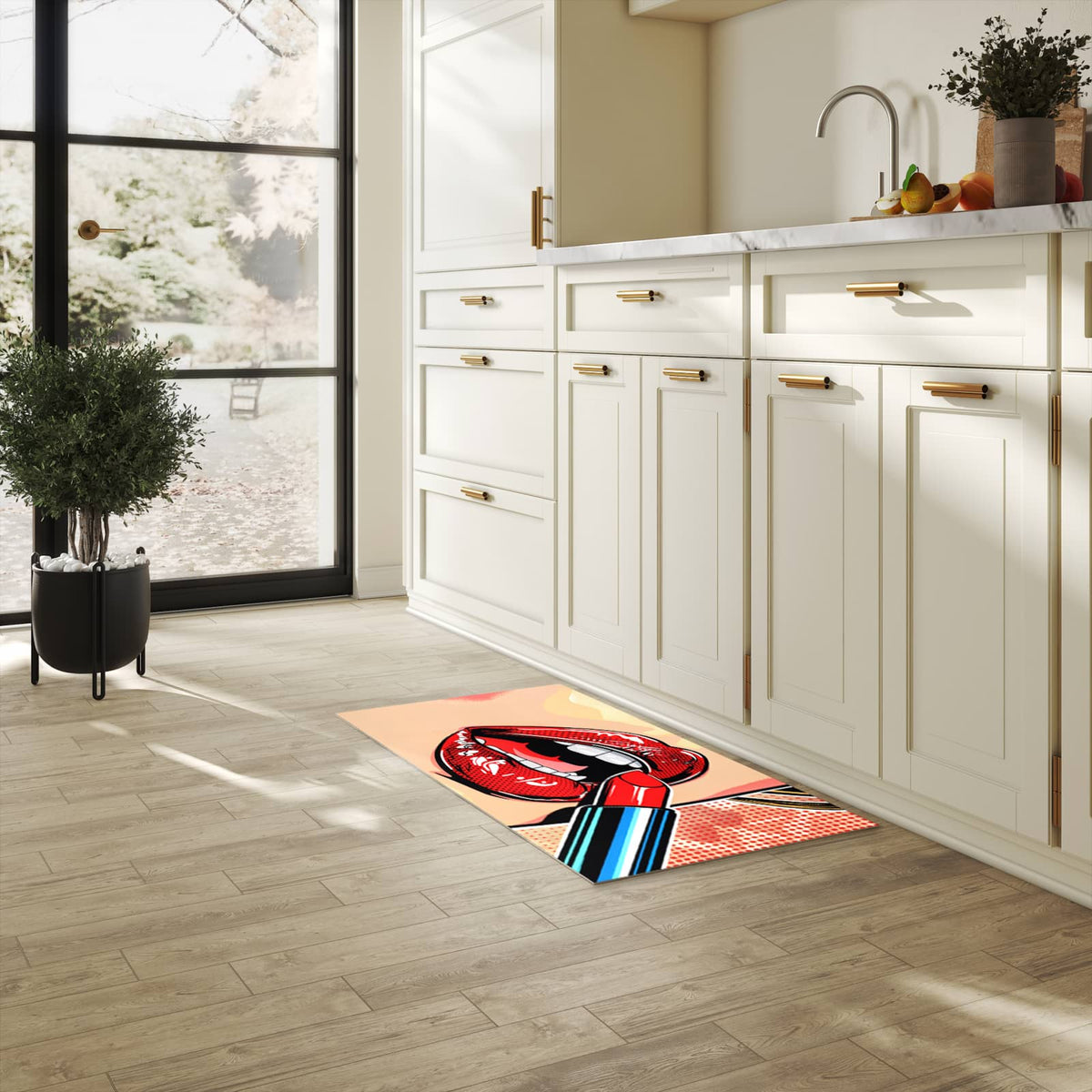 Flacher Läufer mit Motiv Lippenstift Kunst für rutschfesten Halt in heller Küche
