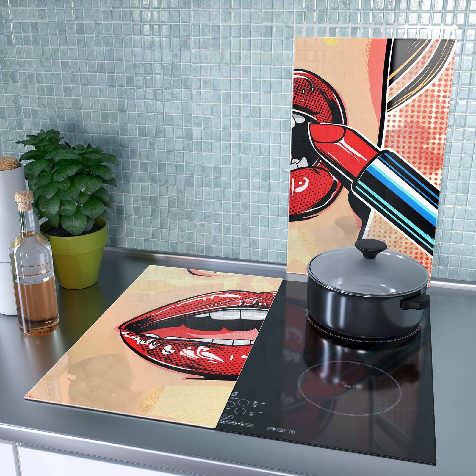2-teilige Herdabdeckplatte aus Glas mit Lippenstift Kunst-Motiv als Spritzschutz hinter dem Kochfeld