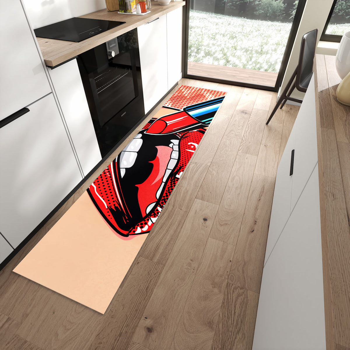 UV-beständiger Bodenläufer mit Motiv Lippenstift Kunst in moderner Küche