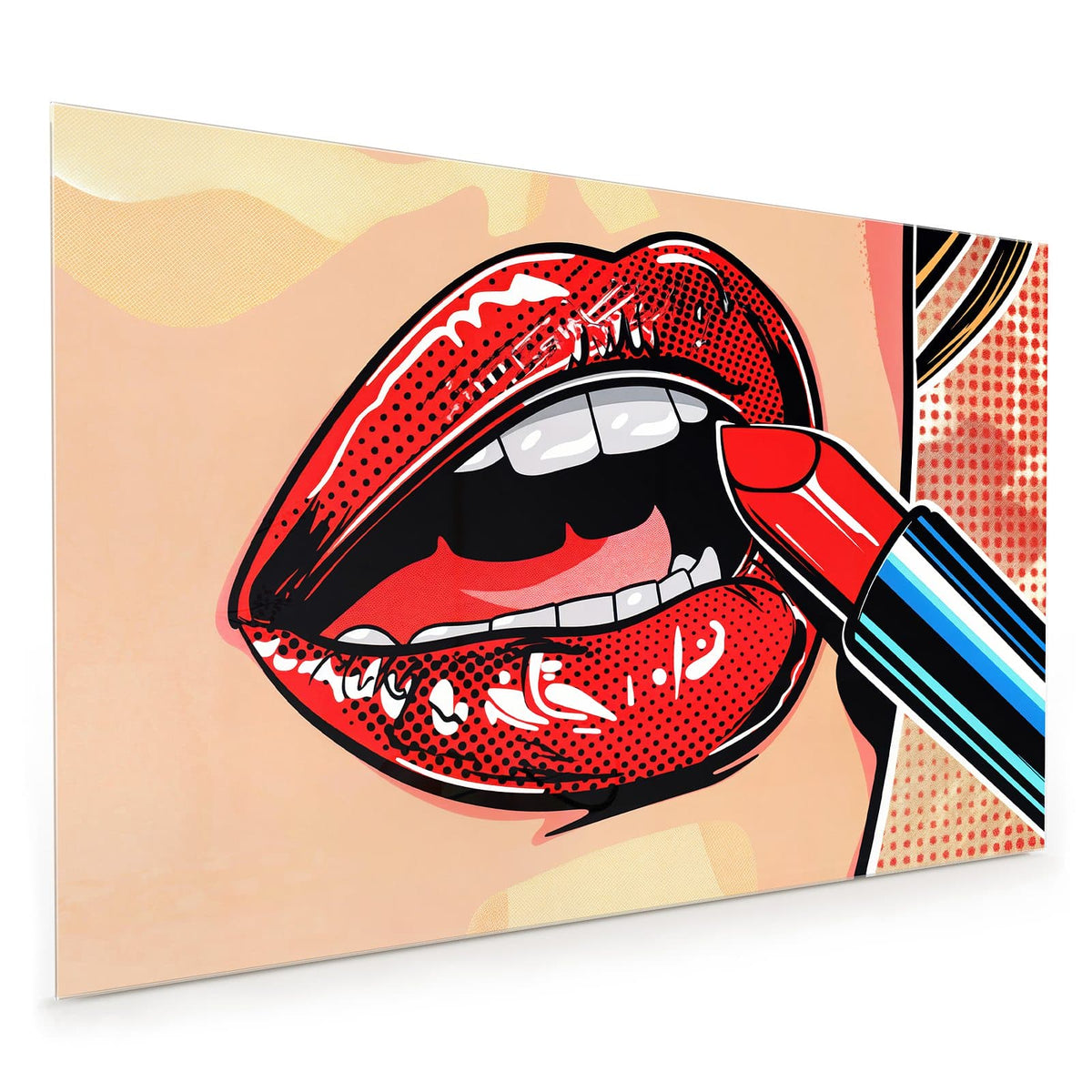 Küchenrückwand aus Glas im Hochformat: Comic-Lippen in Rot im Rasterdruck, ein roter Lippenstift wird angesetzt
