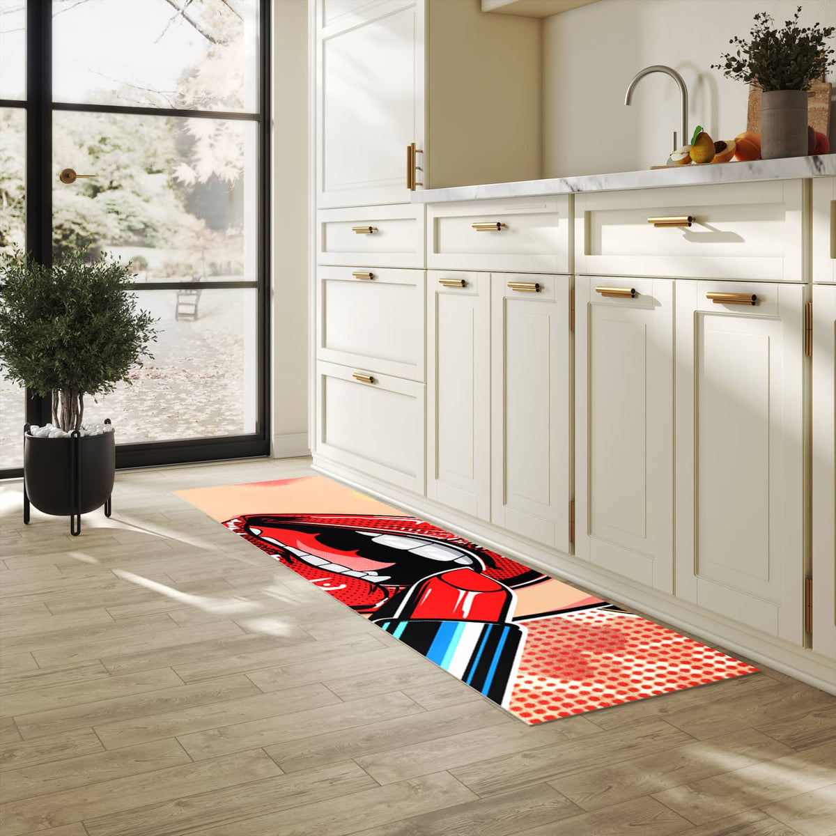 Rutschfester dünner Küchenteppich mit Motiv Lippenstift Kunst in heller Küche