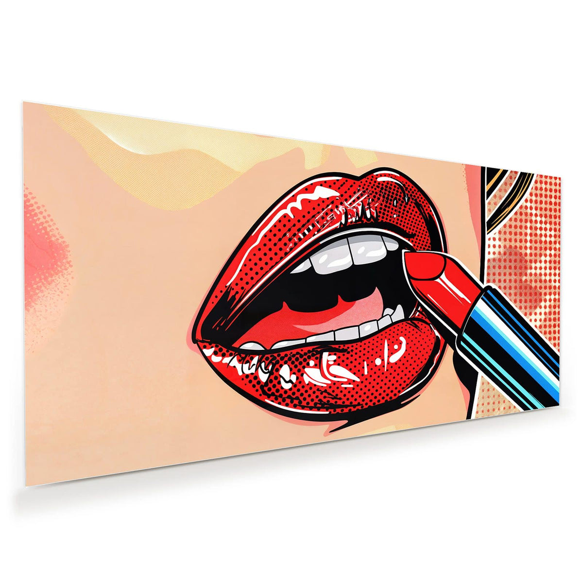 Comic-Lippen in Rot im Rasterdruck, ein roter Lippenstift wird angesetzt