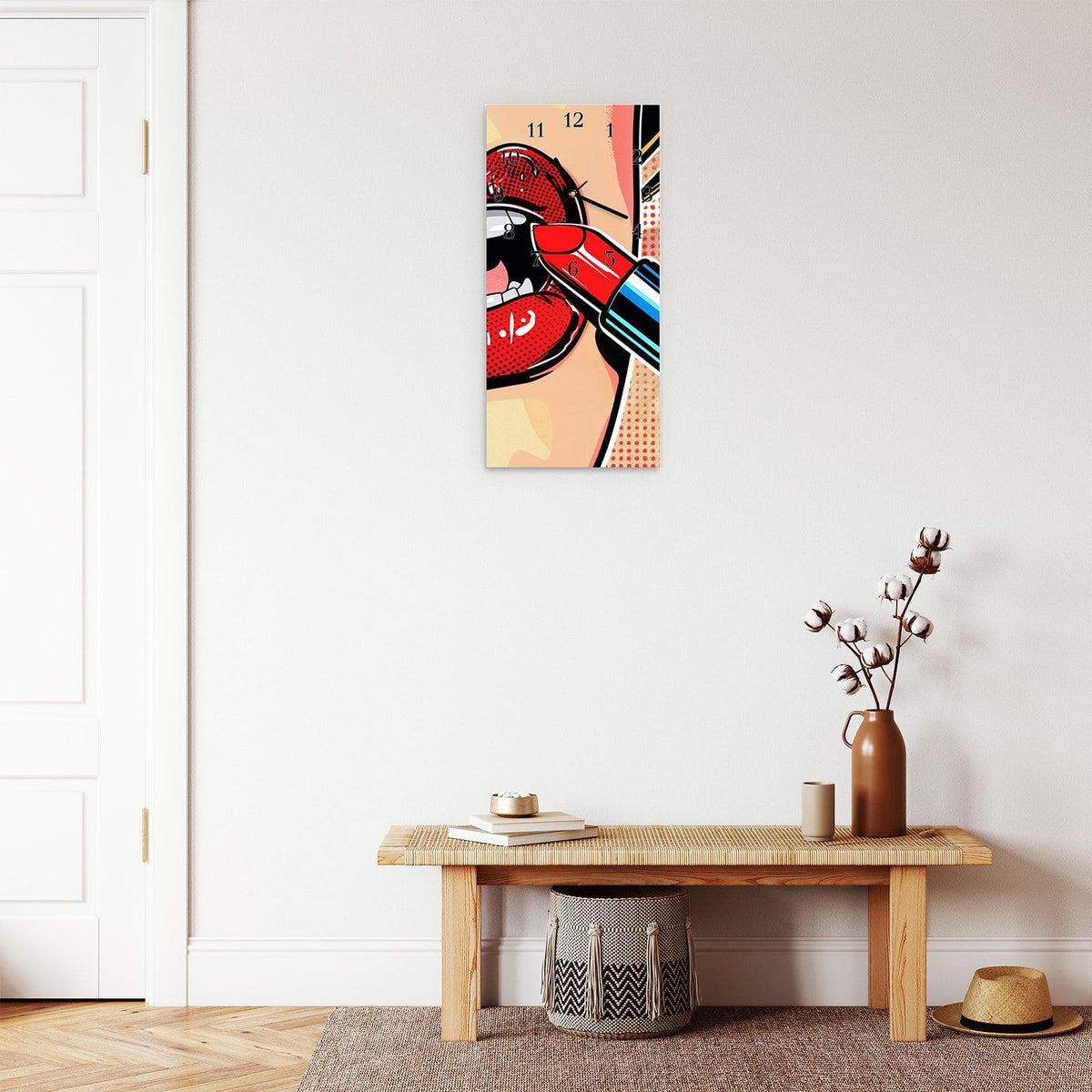 Moderne Wanduhr aus Glas mit Farbtiefe – Wanduhr Lippenstift Kunst aus Glas – Hochformat 30 × 60 cm