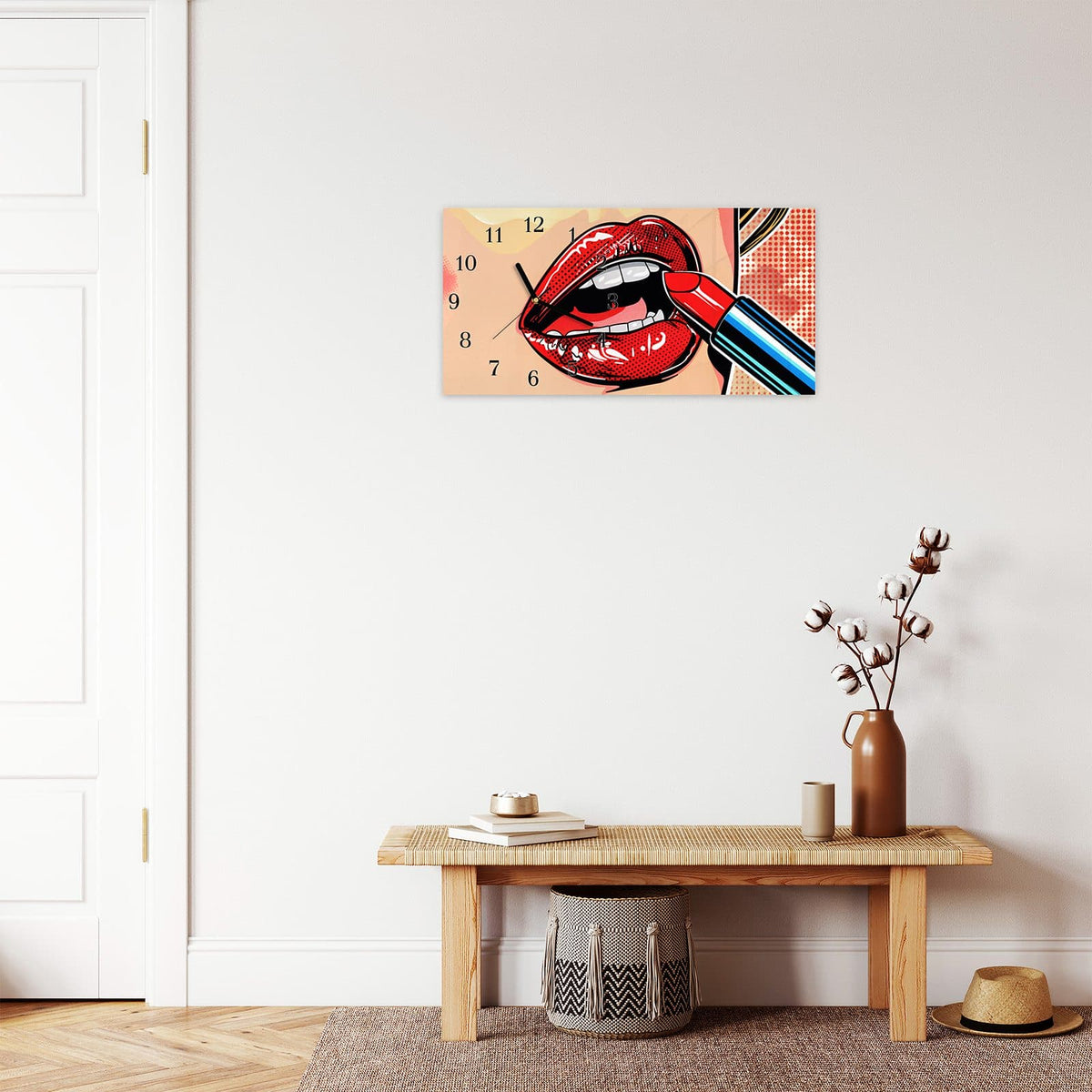 Moderne Wanduhr aus Glas mit Farbtiefe – Wanduhr Lippenstift Kunst aus Glas – Querformat 60 × 30 cm