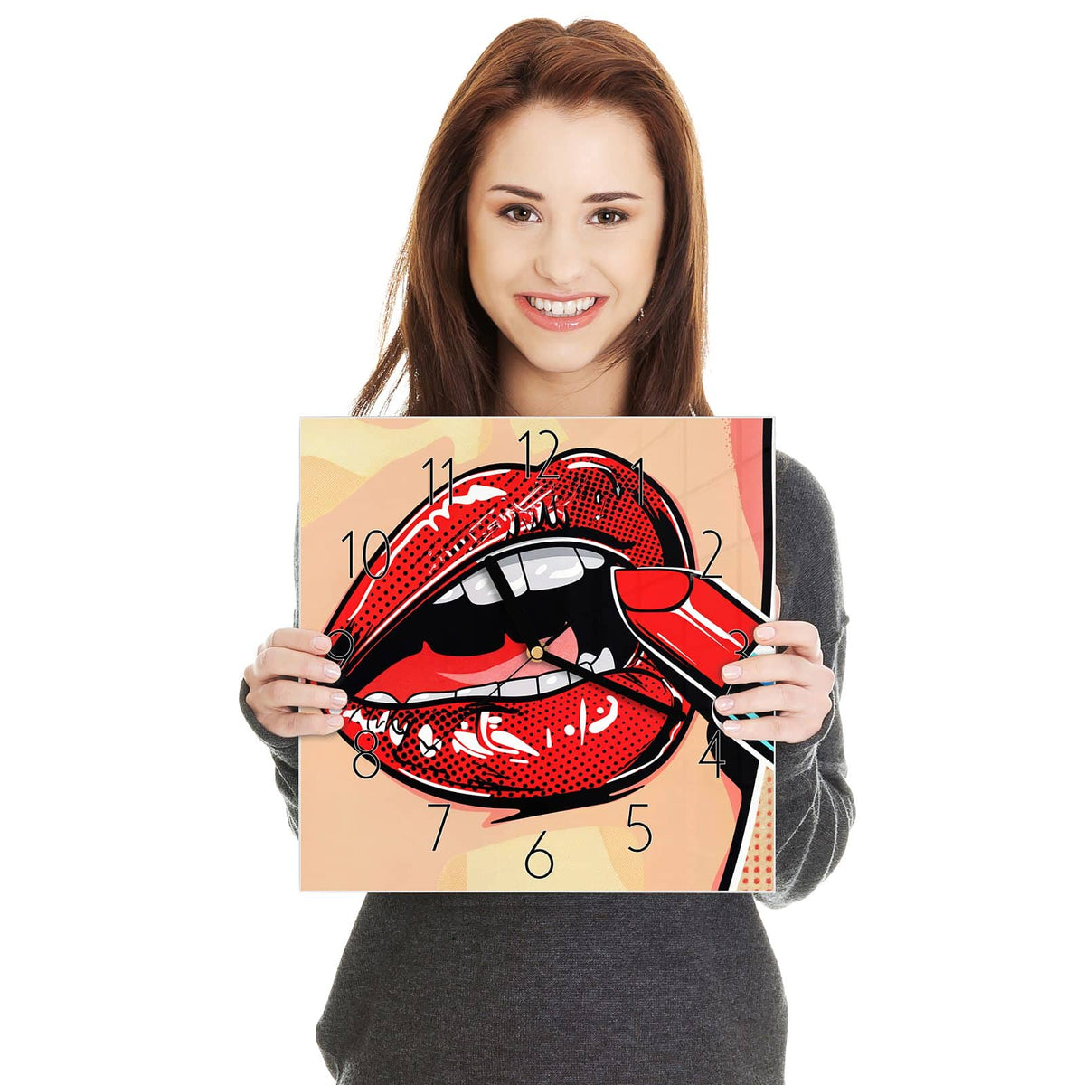Comic-Lippen in Rot im Rasterdruck, ein roter Lippenstift wird angesetzt