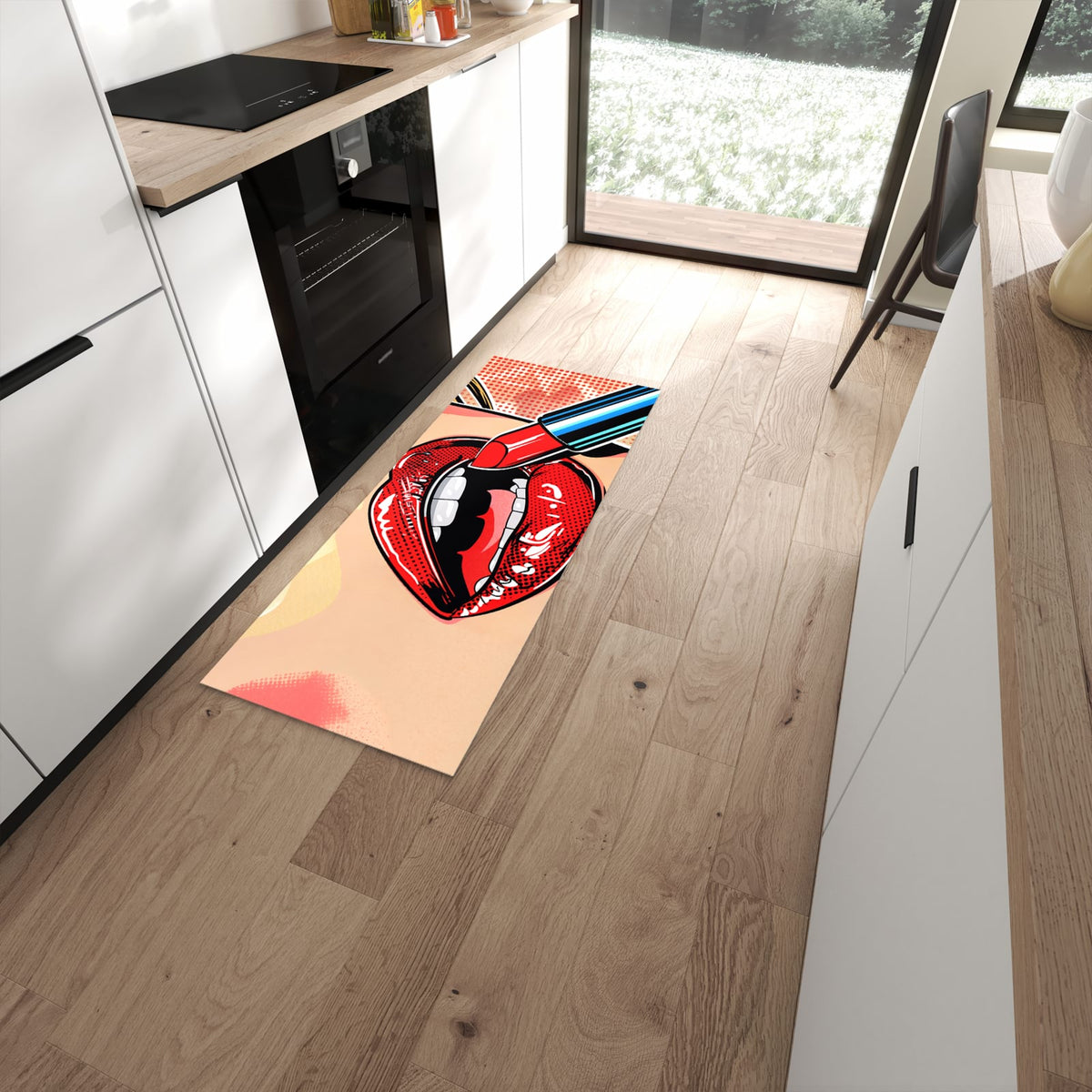 Waschbarer Teppich fürs Esszimmer mit Motiv Lippenstift Kunst in moderner Küche #grösse_60 x 150 cm