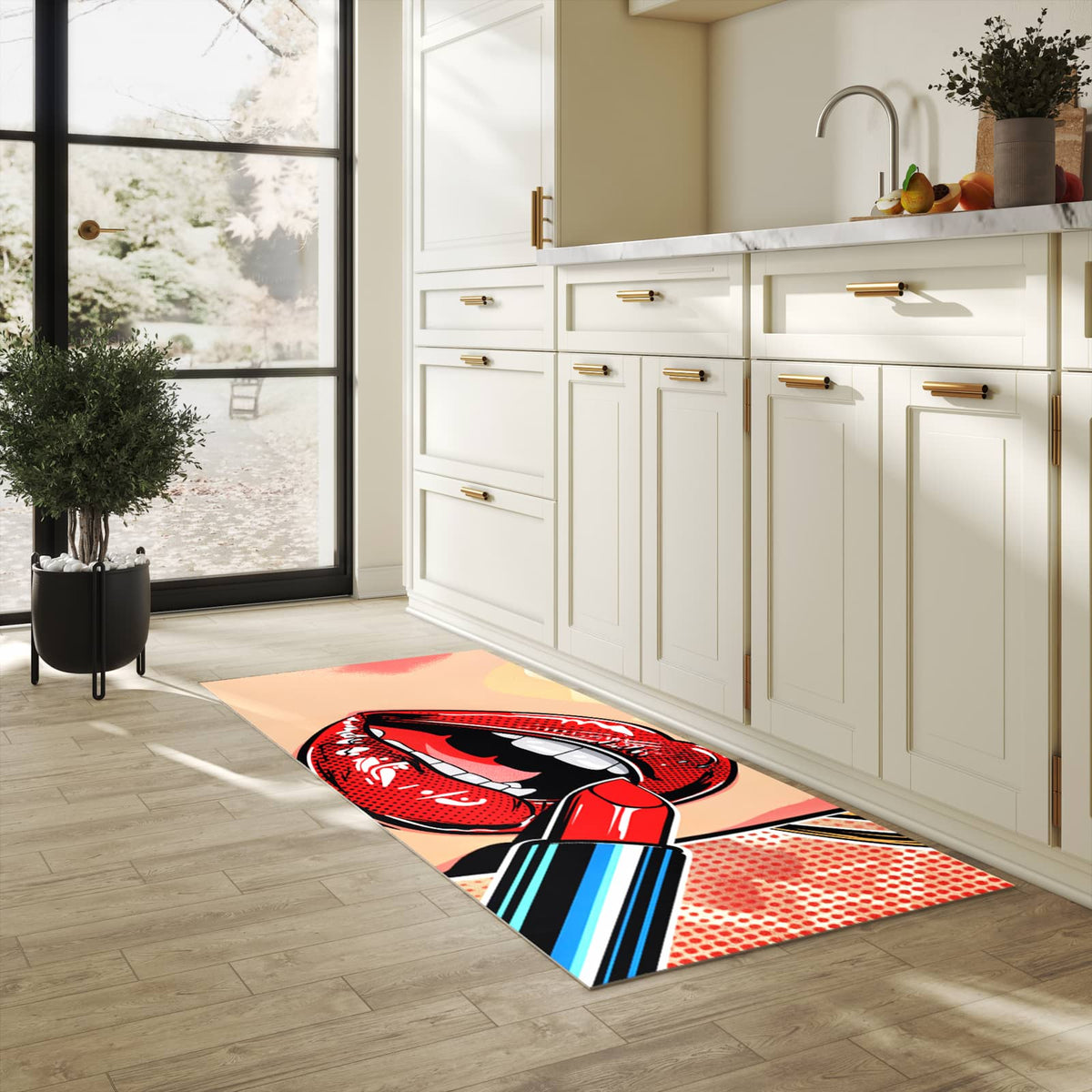 Strapazierfähiger Bodenläufer mit Motiv Lippenstift Kunst in heller Küche