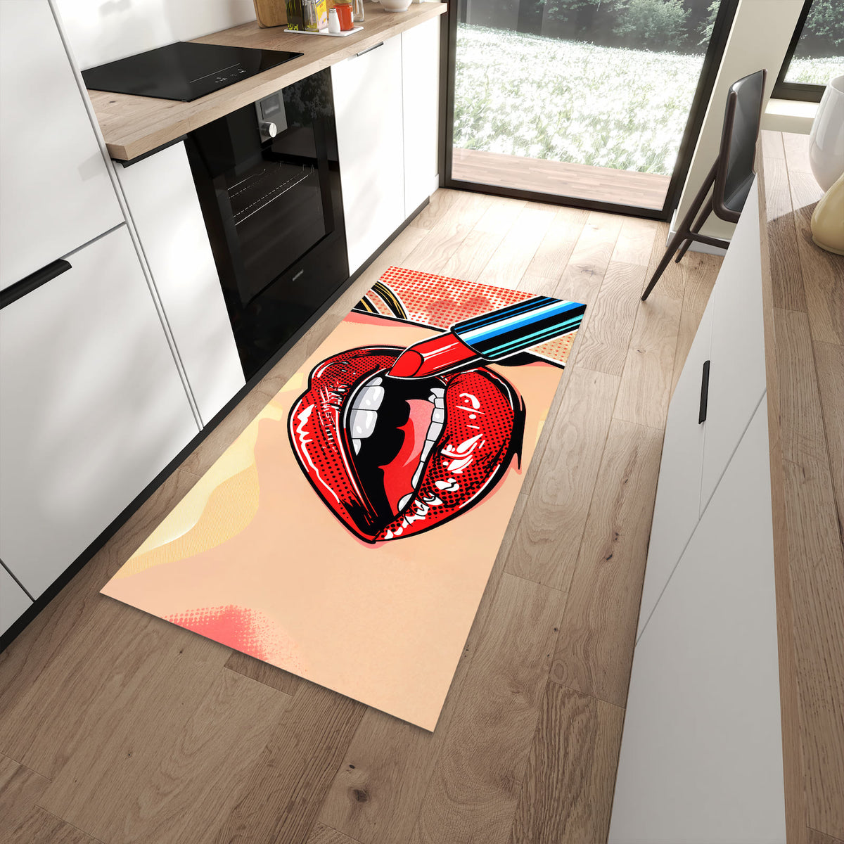 Flacher Küchenteppich mit Motiv Lippenstift Kunst in moderner Küche - waschbar