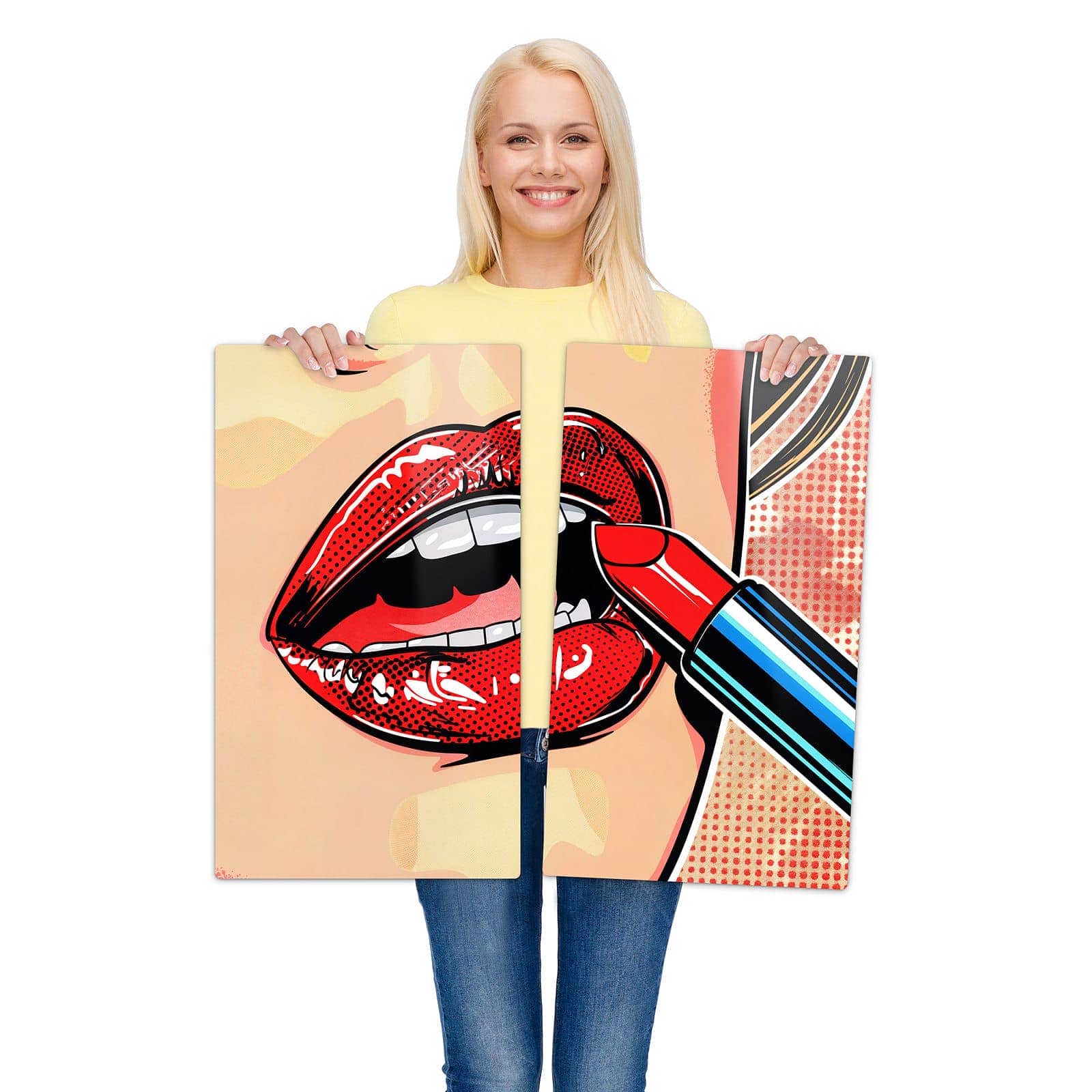 2-teilige Ceranfeld Abdeckplatten mit Lippenstift Kunst-Motiv werden zur Größendarstellung gehalten