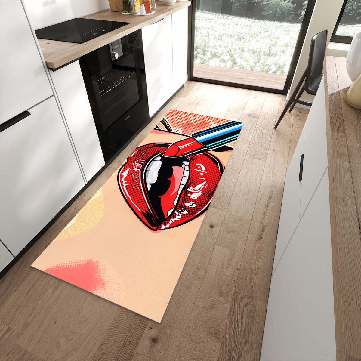 Fleckenresistenter waschbarer Küchenteppich mit Motiv Lippenstift Kunst in moderner Küche