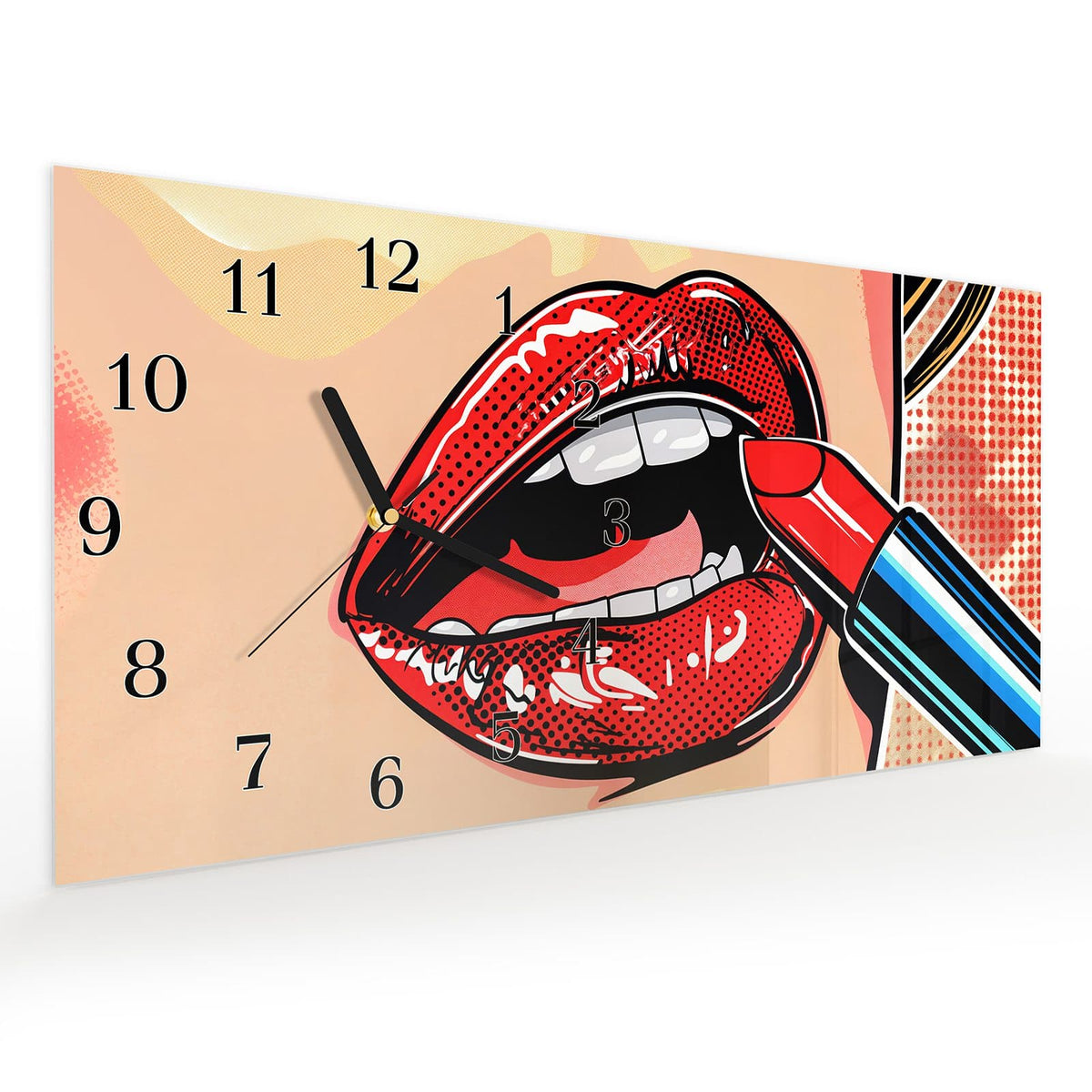 Vormontiert – mit Schwebeeffekt – Wanduhr Lippenstift Kunst aus Glas – Querformat 60 × 30 cm