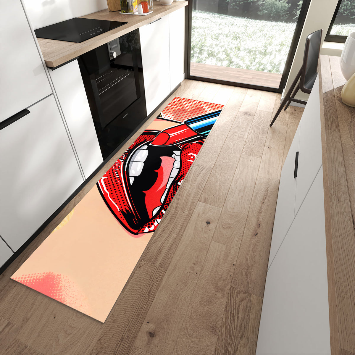 Abriebfester rutschfester Küchenteppich mit Motiv Lippenstift Kunst in moderner Küche