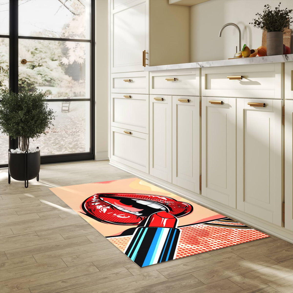 Feuchtigkeitsresistenter Küchenteppich mit Motiv Lippenstift Kunst in heller Küche