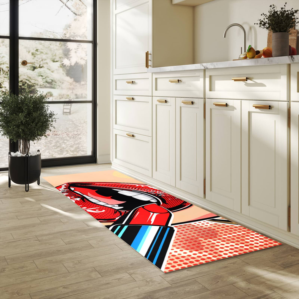 Waschbarer Bodenläufer Teppich mit Motiv Lippenstift Kunst in heller Küche