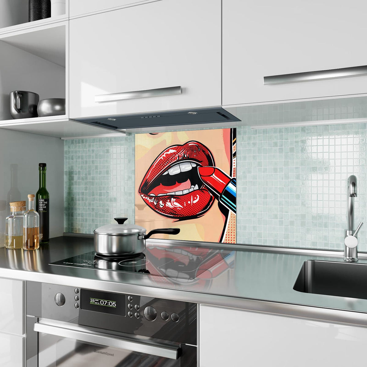 Küchenrückwand Roter Lippenstift aus Glas – Roter Lippenstift auf roten Lippen