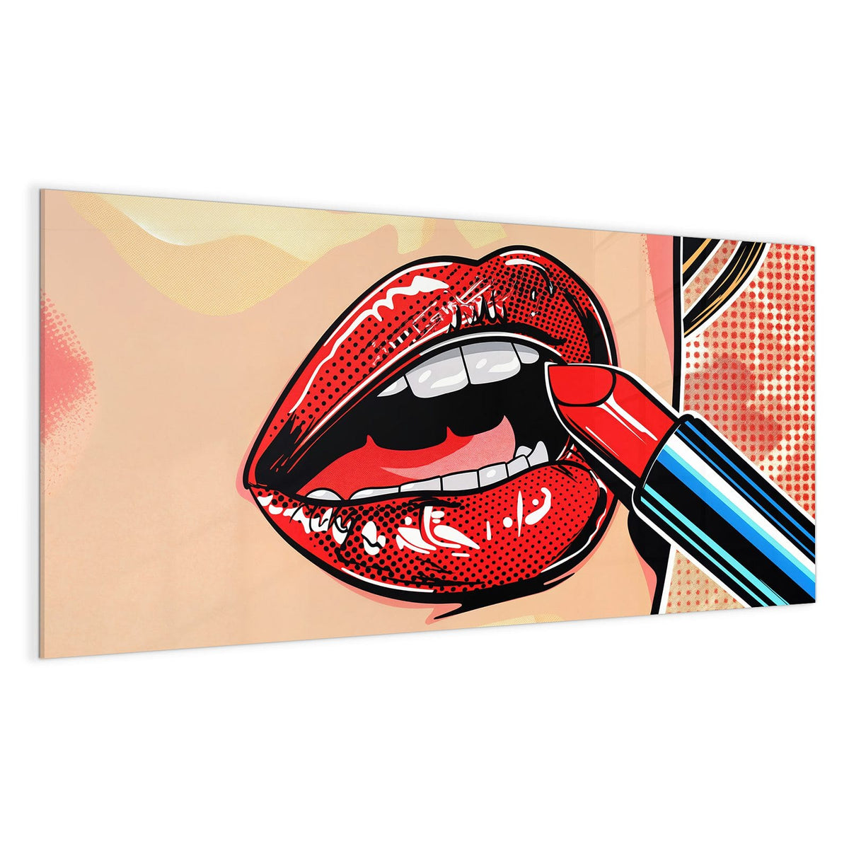 Comic-Lippen in Rot im Rasterdruck, ein roter Lippenstift wird angesetzt