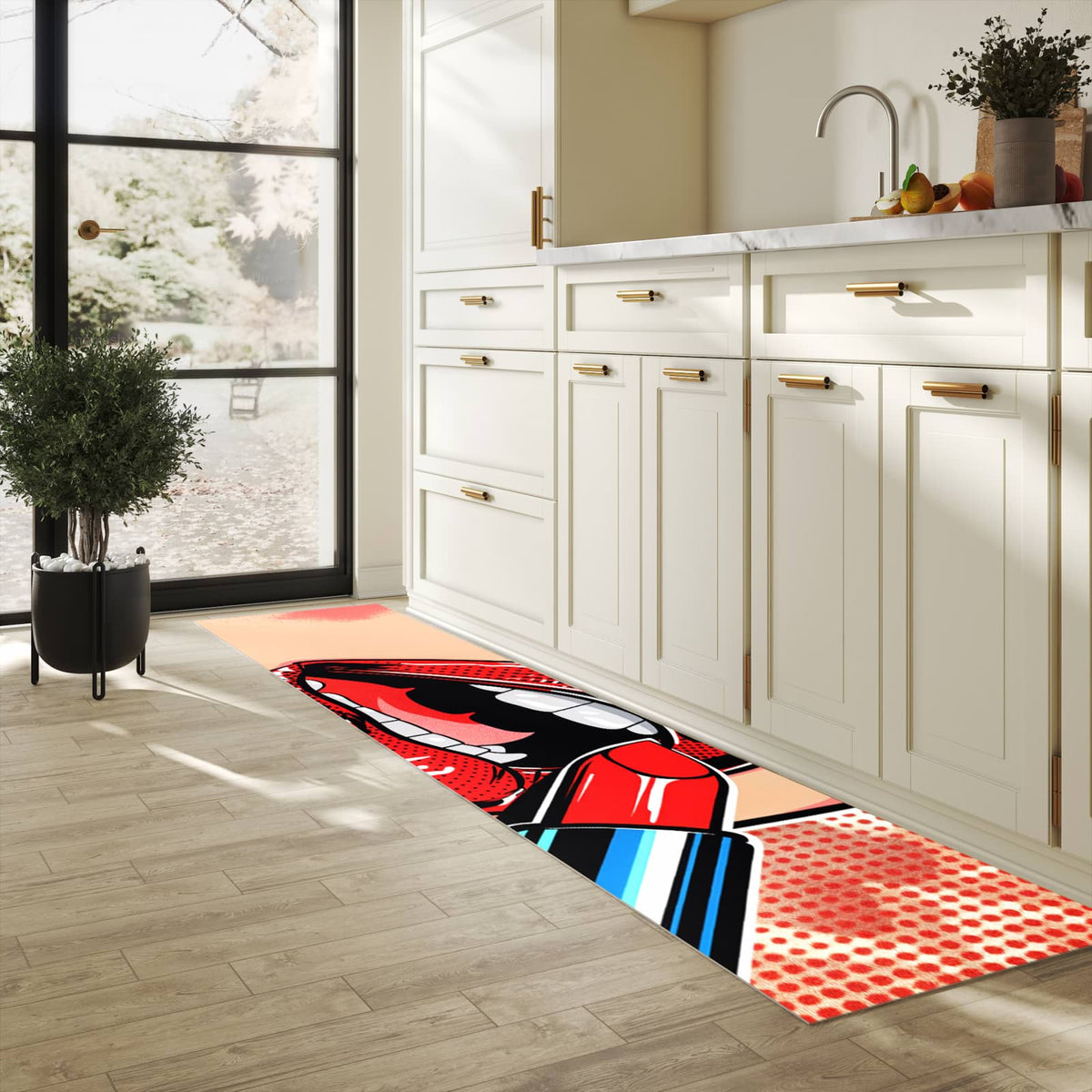 Küchenteppich mit angenehmer Haptik und Motiv Lippenstift Kunst in heller Küche, waschbar