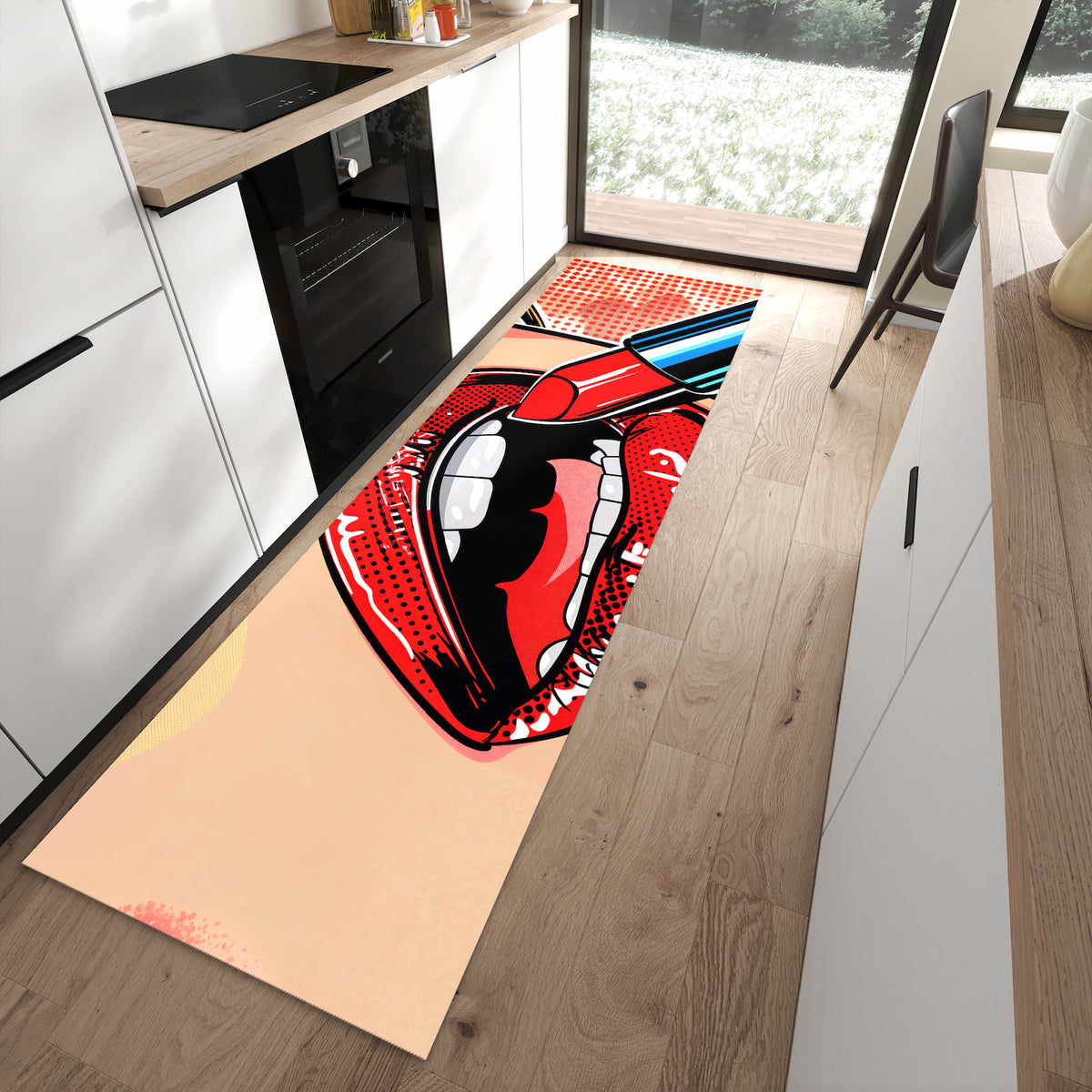 Geruchsneutraler rutschfester Küchenteppich mit Motiv Lippenstift Kunst in moderner Küche
