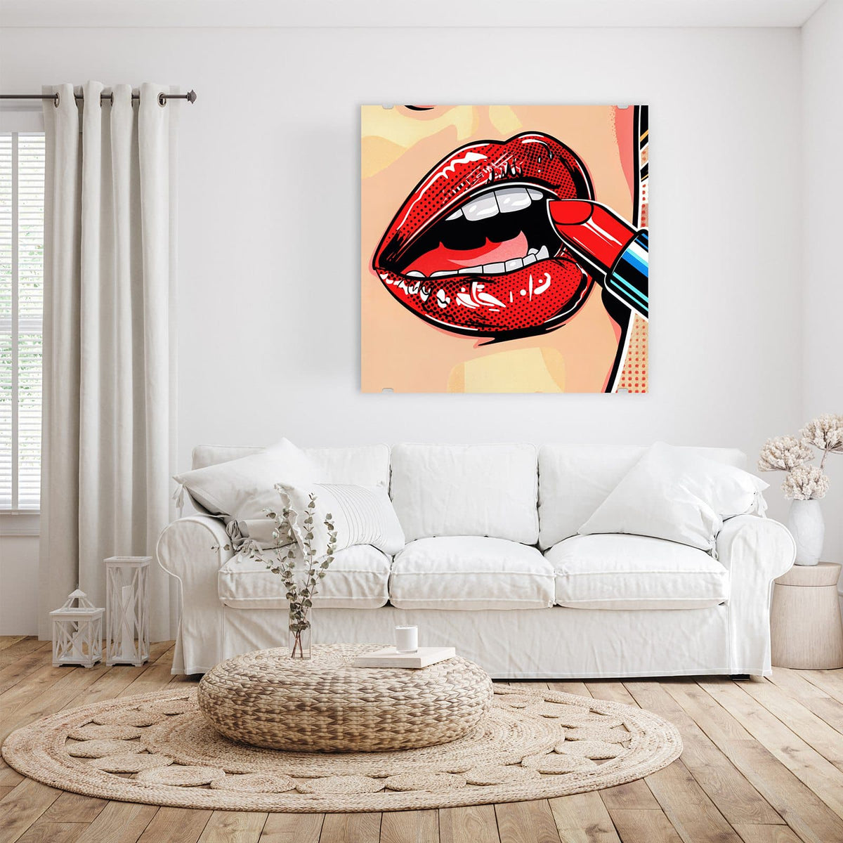 Comic-Lippen in Rot im Rasterdruck, ein roter Lippenstift wird angesetzt