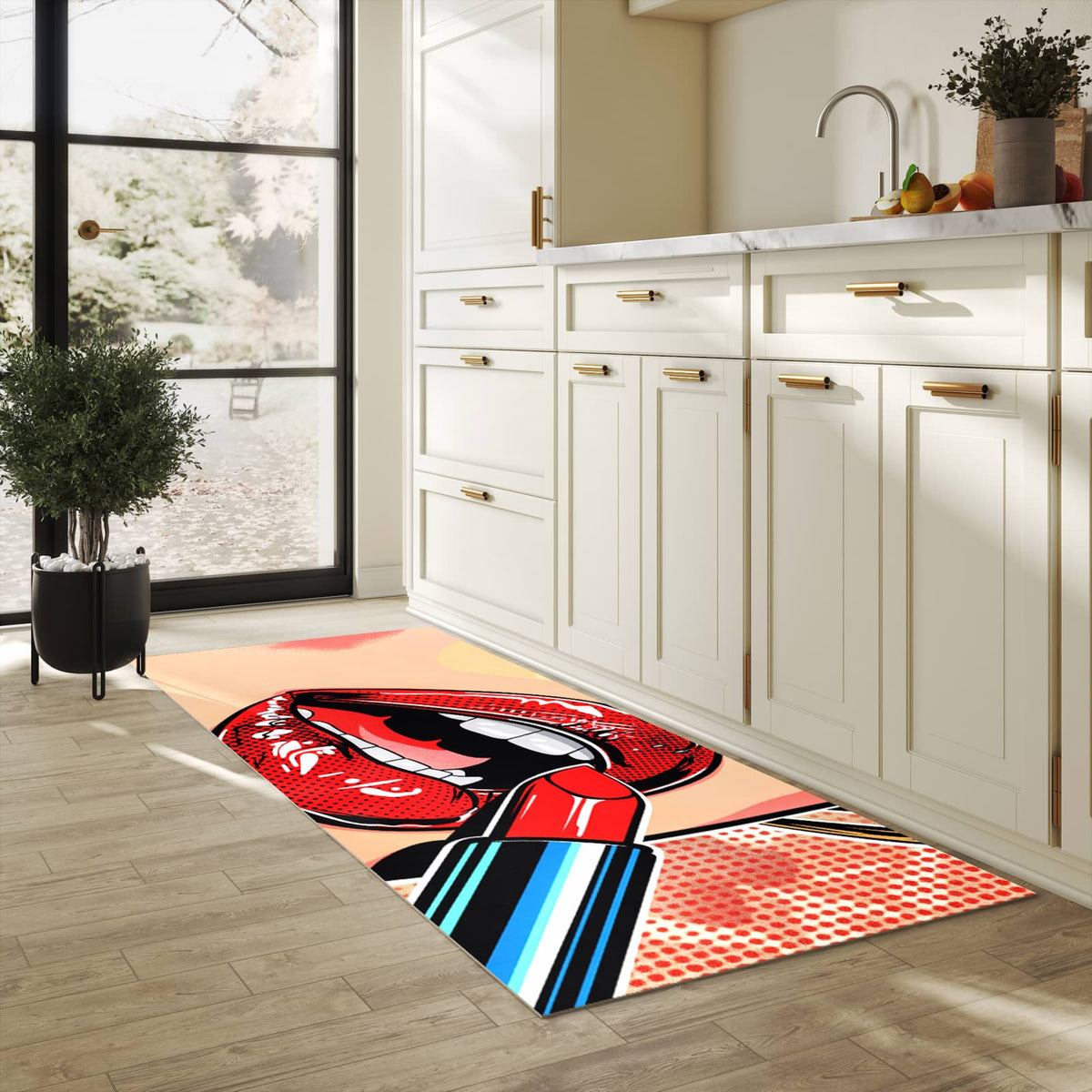 Rutschfester Küchenteppich mit Motiv Lippenstift Kunst in heller Küche schützt den Boden