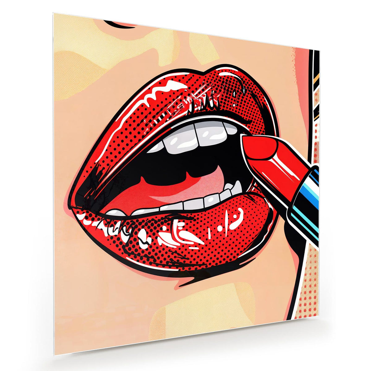 Comic-Lippen in Rot im Rasterdruck, ein roter Lippenstift wird angesetzt