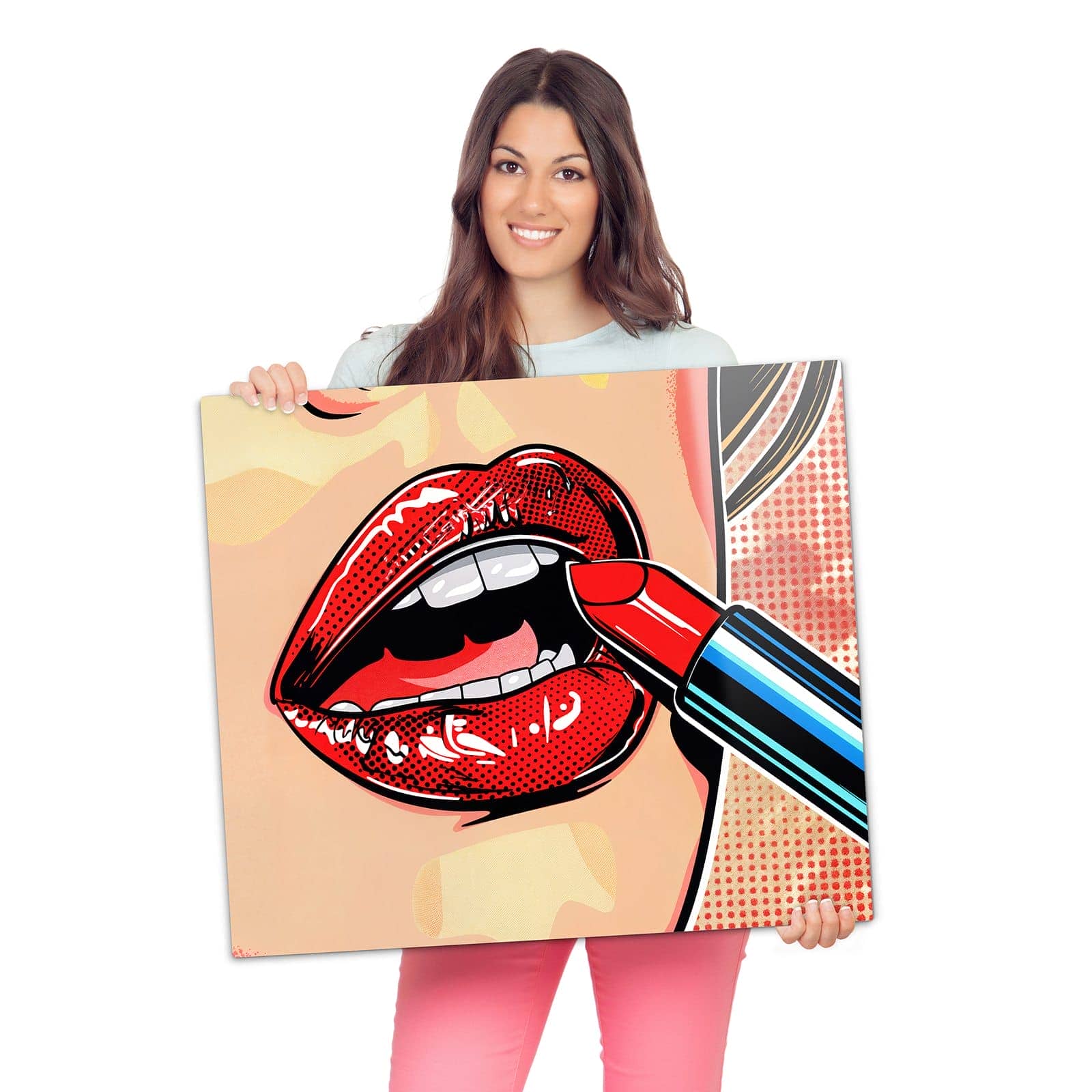 Herd Schutzplatte mit Lippenstift Kunst-Motiv wird zur Größendarstellung gehalten