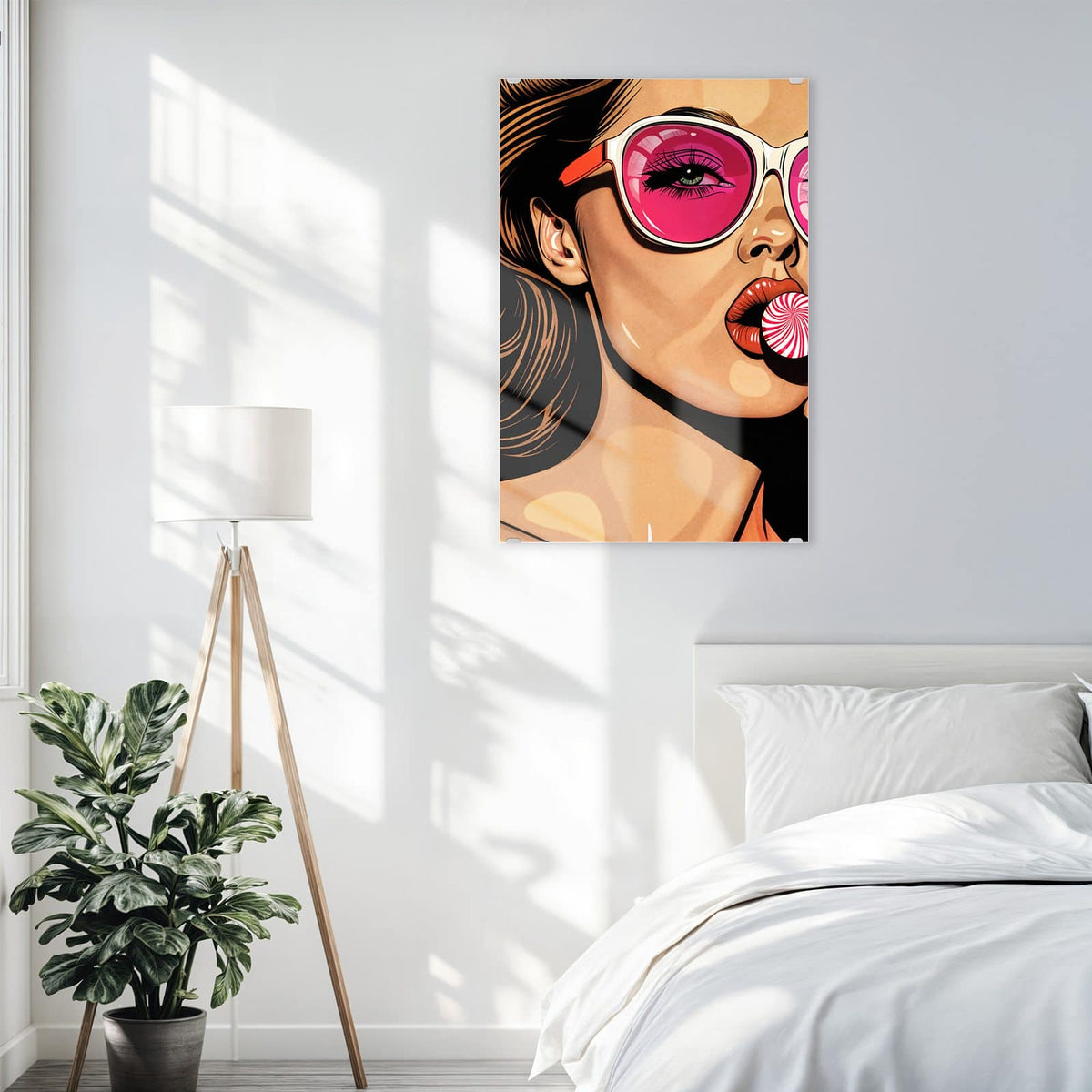 Wandbild aus Glas Pinke Sonnenbrille über einem Bett im hellen Schlafzimmer