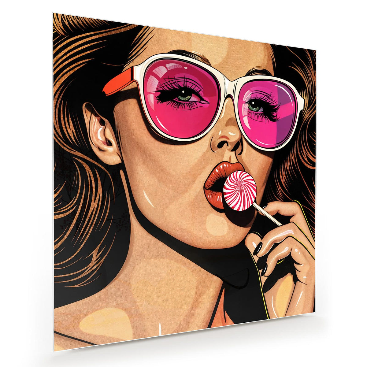 Pop-Art-Frau mit pink verspiegelter Sonnenbrille, die an einem Lolli lutscht