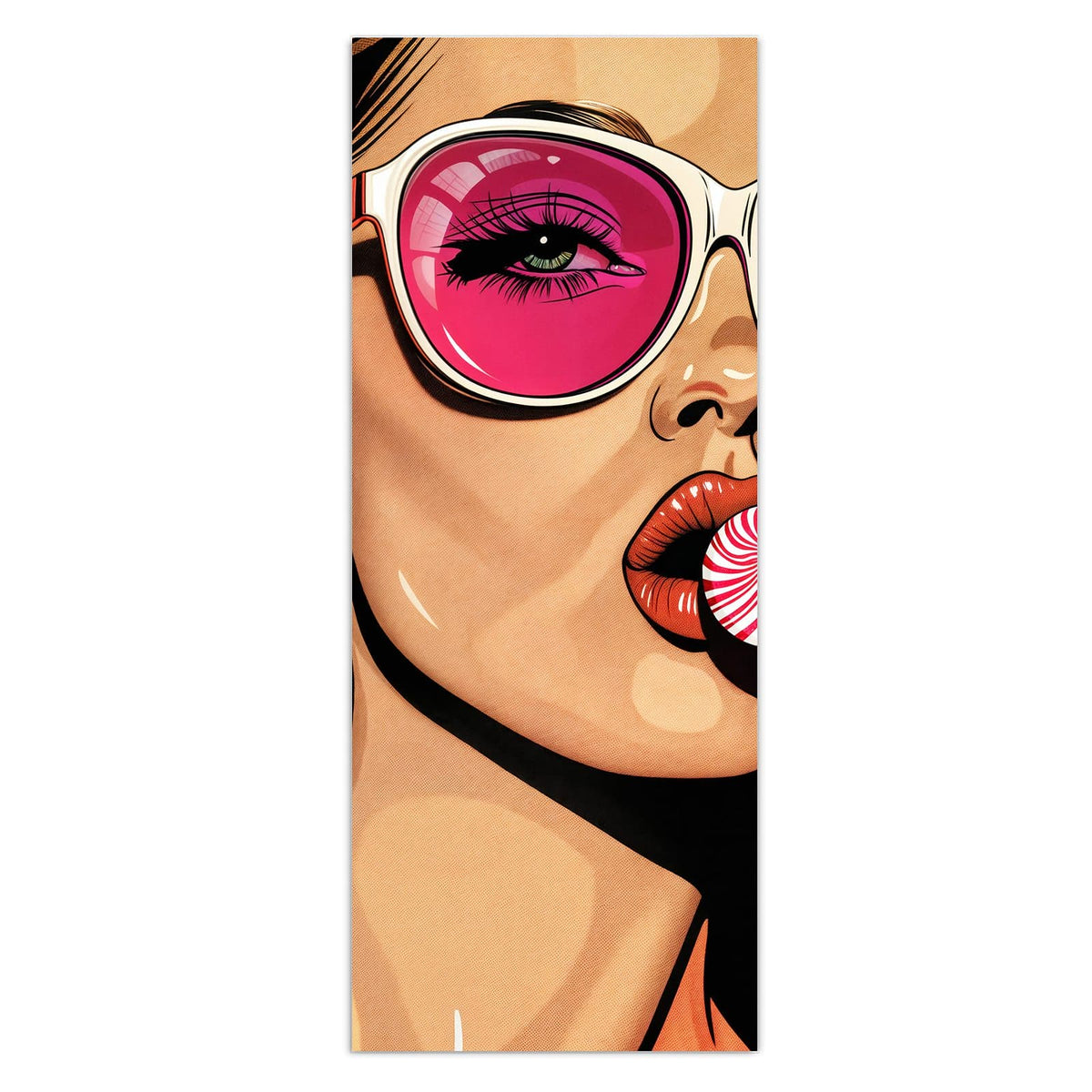 Pop-Art-Frau mit pink verspiegelter Sonnenbrille, die an einem Lolli lutscht