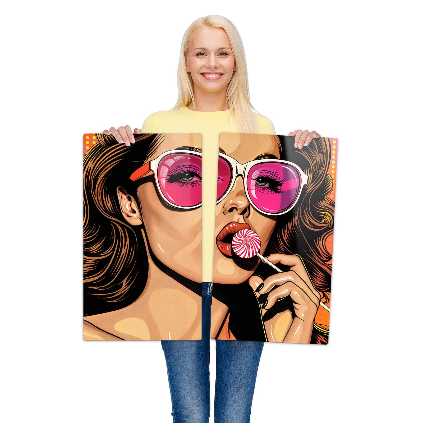 2-teilige Herdabdeckplatte für Ceranfeld mit Mit und Frau-Motiv wird zur Größendarstellung gehalten