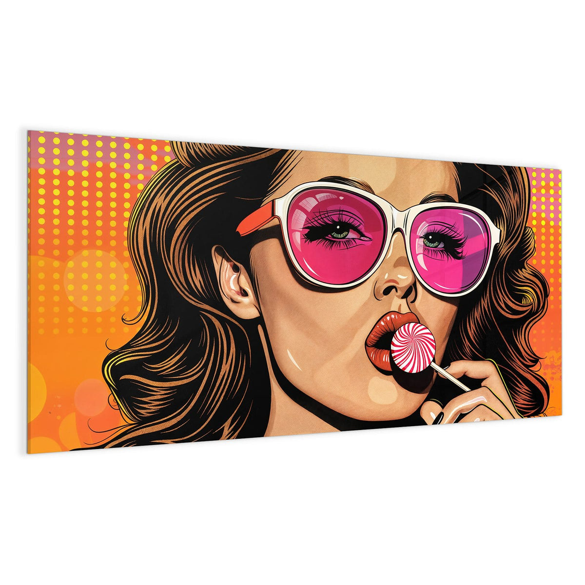 Pop-Art-Frau mit pink verspiegelter Sonnenbrille, die an einem Lolli lutscht