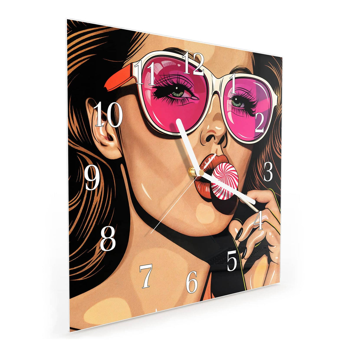 Quadratische Wanduhr aus Glas Pinke Sonnenbrille schräg von der Seite, 4 mm starkes Glas