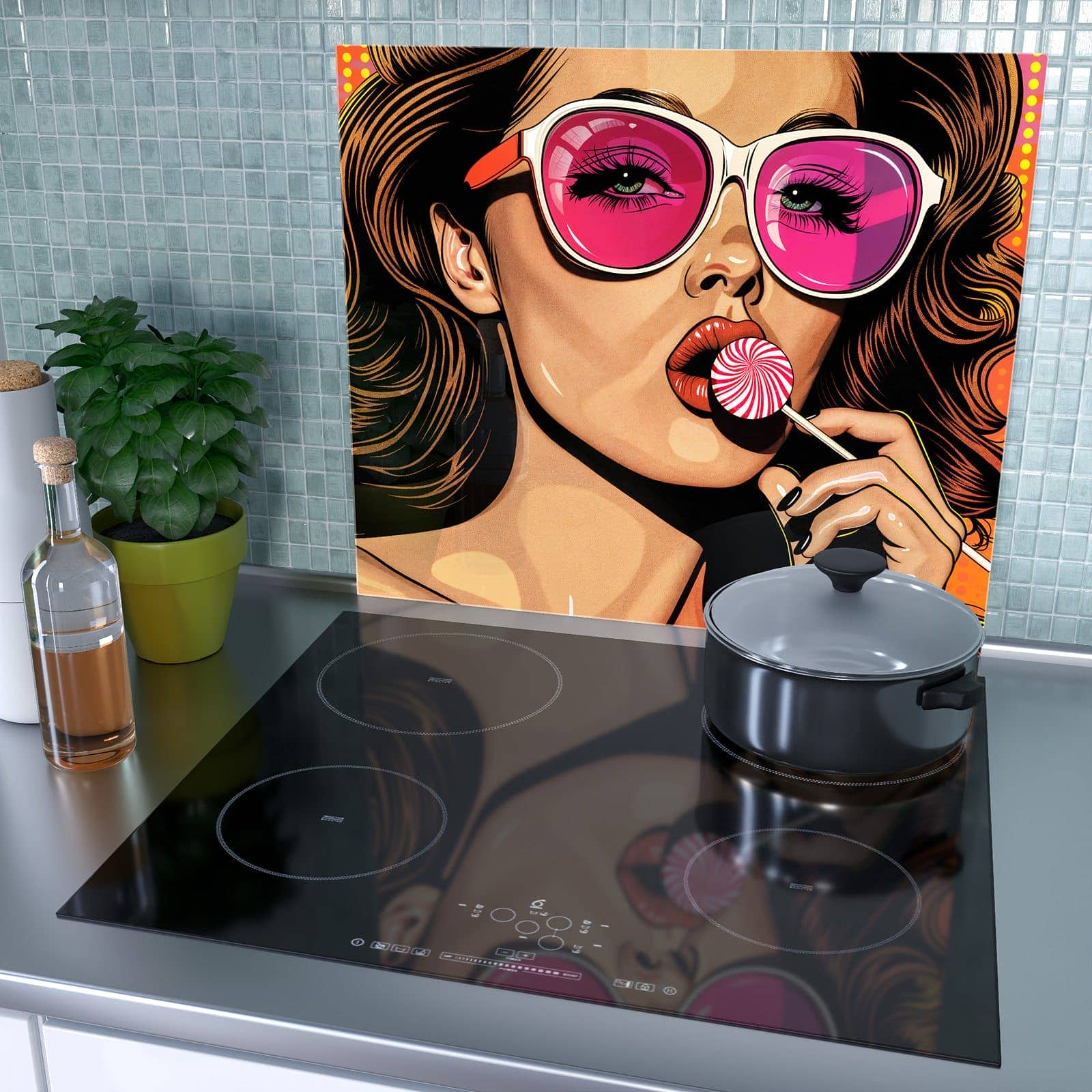 1-teilige Glasplatte für Herd mit Mit und Frau-Motiv als Spritzschutz hinter dem Kochfeld