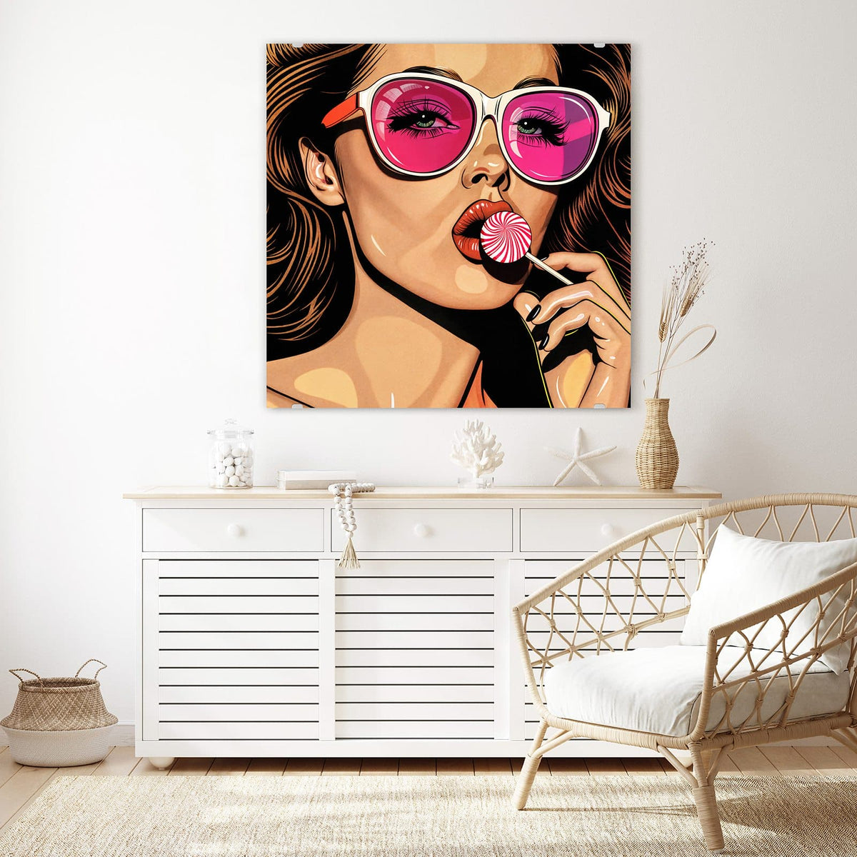 Echtglas, 4 mm – kein Acryl, keine Folie – Wandbild - Pinke Sonnenbrille - Quadratisch