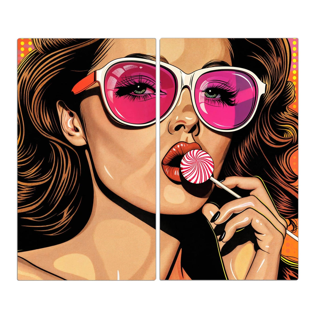 Pop-Art-Frau mit pink verspiegelter Sonnenbrille, die an einem Lolli lutscht
