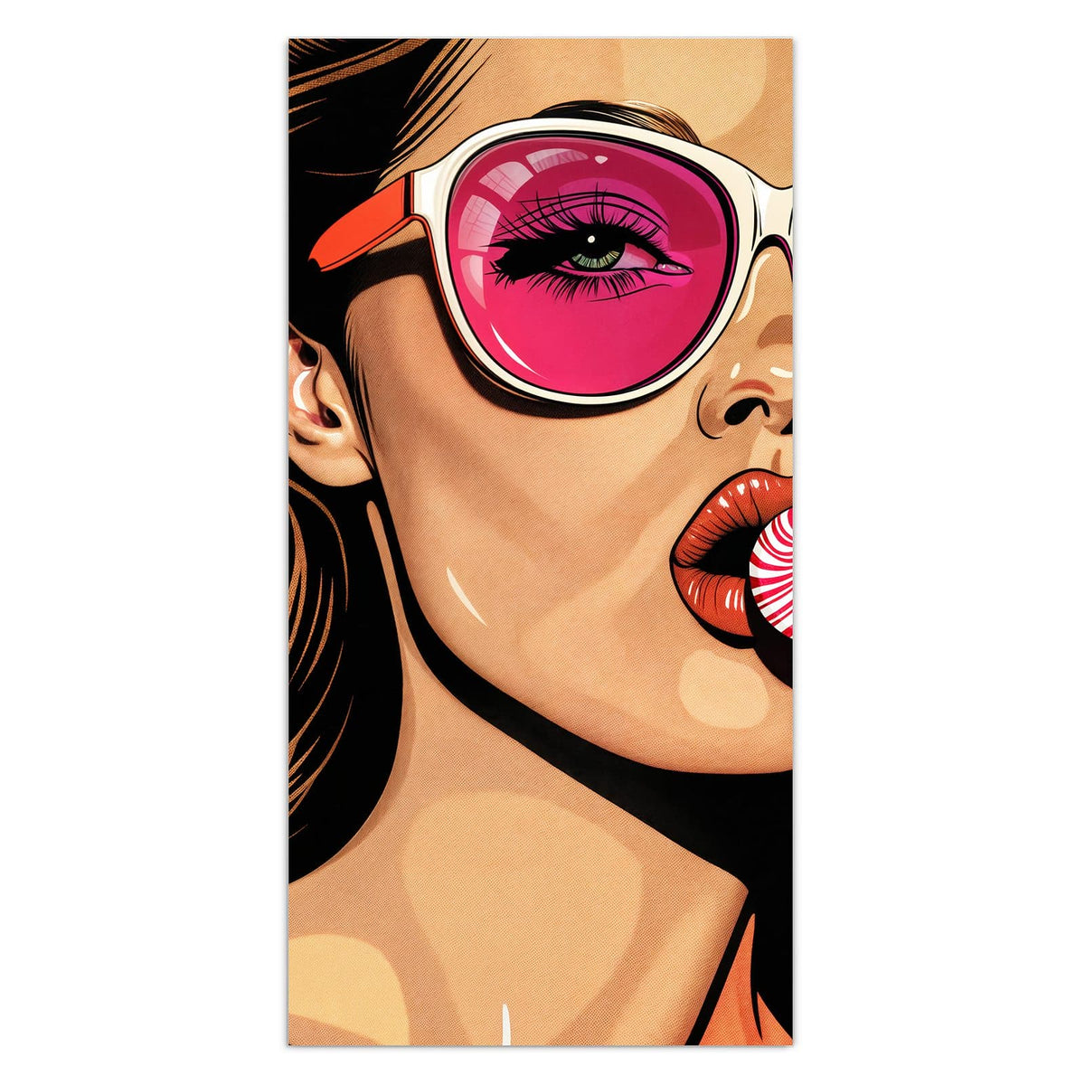 Wandbild aus Glas: Pop-Art-Frau mit pink verspiegelter Sonnenbrille, die an einem Lolli lutscht