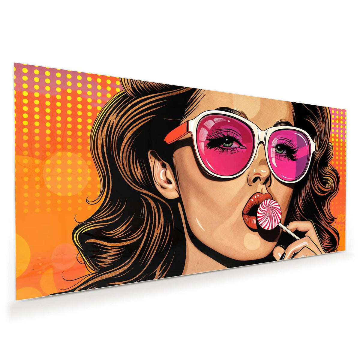 Pop-Art-Frau mit pink verspiegelter Sonnenbrille, die an einem Lolli lutscht