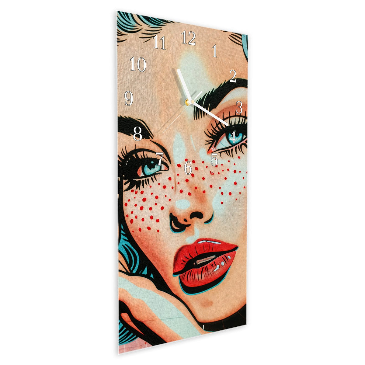 Vormontiert – mit Schwebeeffekt – Wanduhr Pop Art Porträt aus Glas – Hochformat 30 × 60 cm