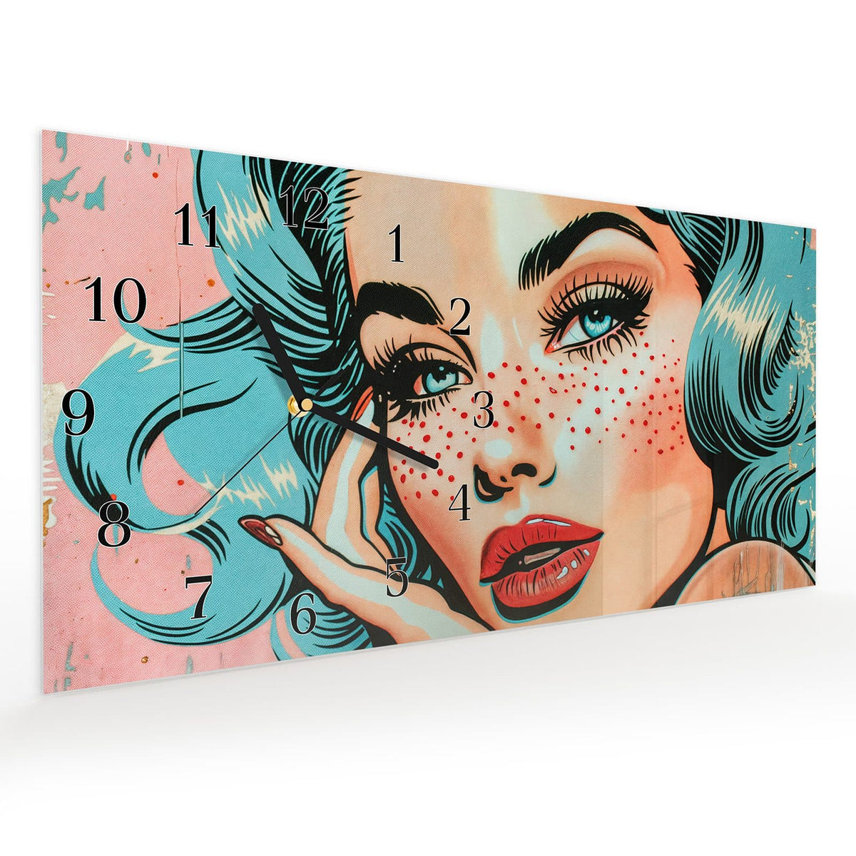 Vormontiert – mit Schwebeeffekt – Wanduhr Pop Art Porträt aus Glas – Querformat 60 × 30 cm