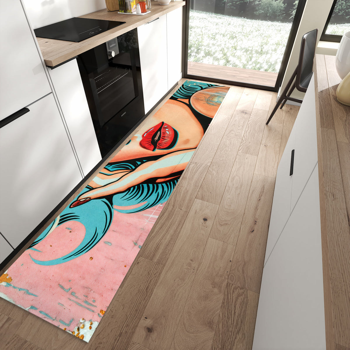 Fleckenresistenter Küchenteppich mit Motiv Pop Art Porträt in moderner Küche