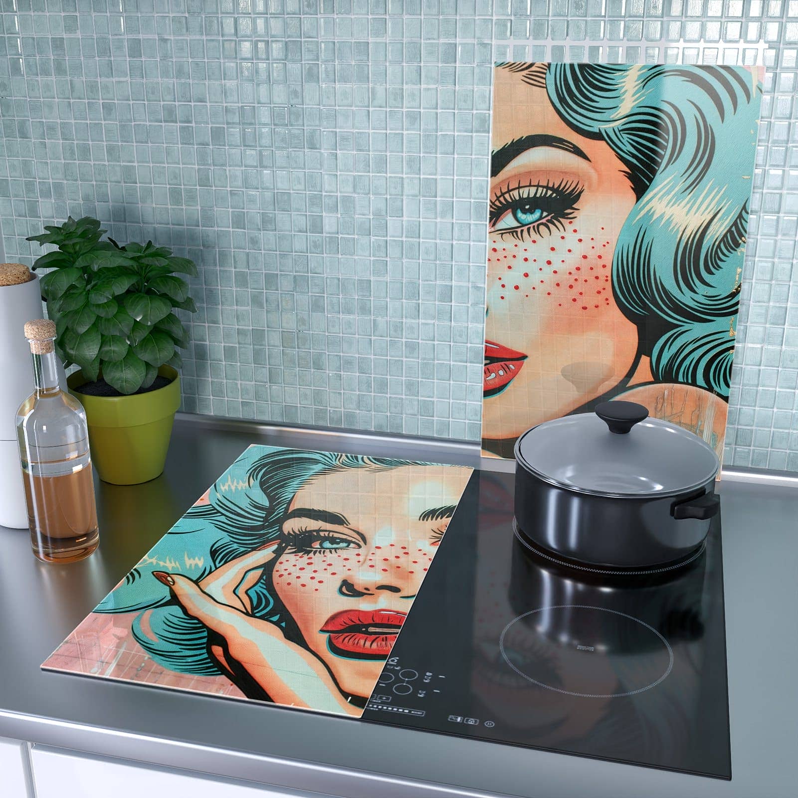 2-teilige Abdeckplatten für den Herd mit Pop Art Porträt-Motiv als Spritzschutz hinter dem Kochfeld