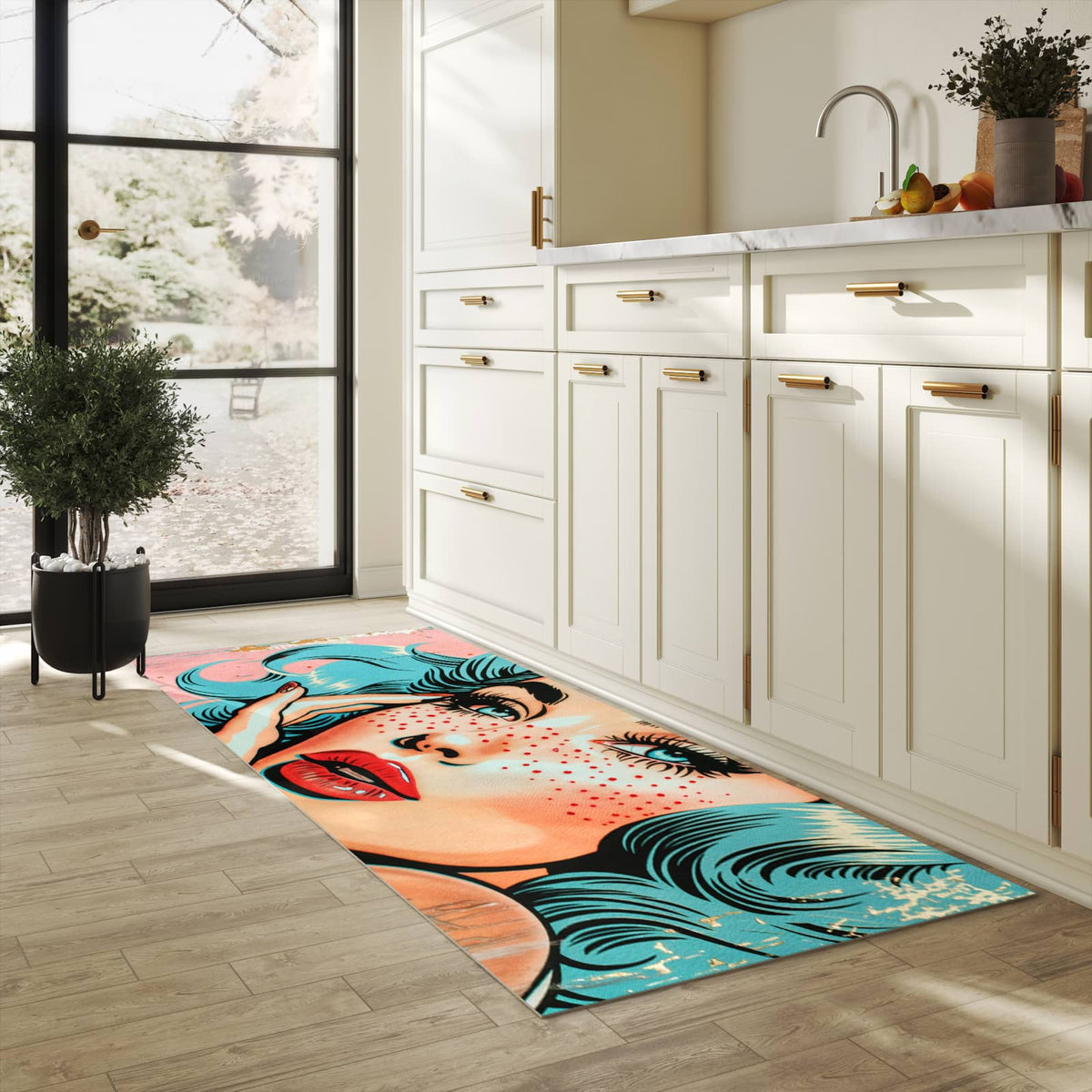 Bodenschonender Küchenteppich mit Motiv Pop Art Porträt in heller Küche