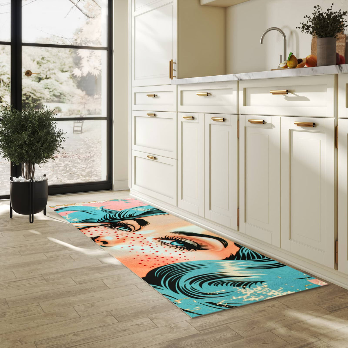 Rutschfester Küchenteppich mit Motiv Pop Art Porträt in heller Küche