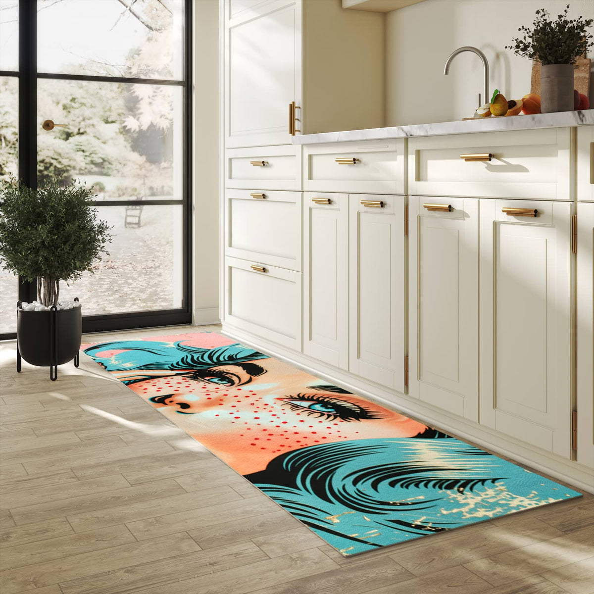 Feuchtigkeitsresistenter Teppich für die Küche mit Motiv Pop Art Porträt in heller Küche